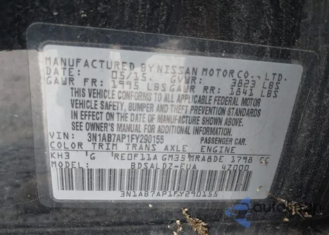 2015 Nissan Sentra Sv z USA, uszkodzony, nr VIN 3N1AB7AP1FY290155